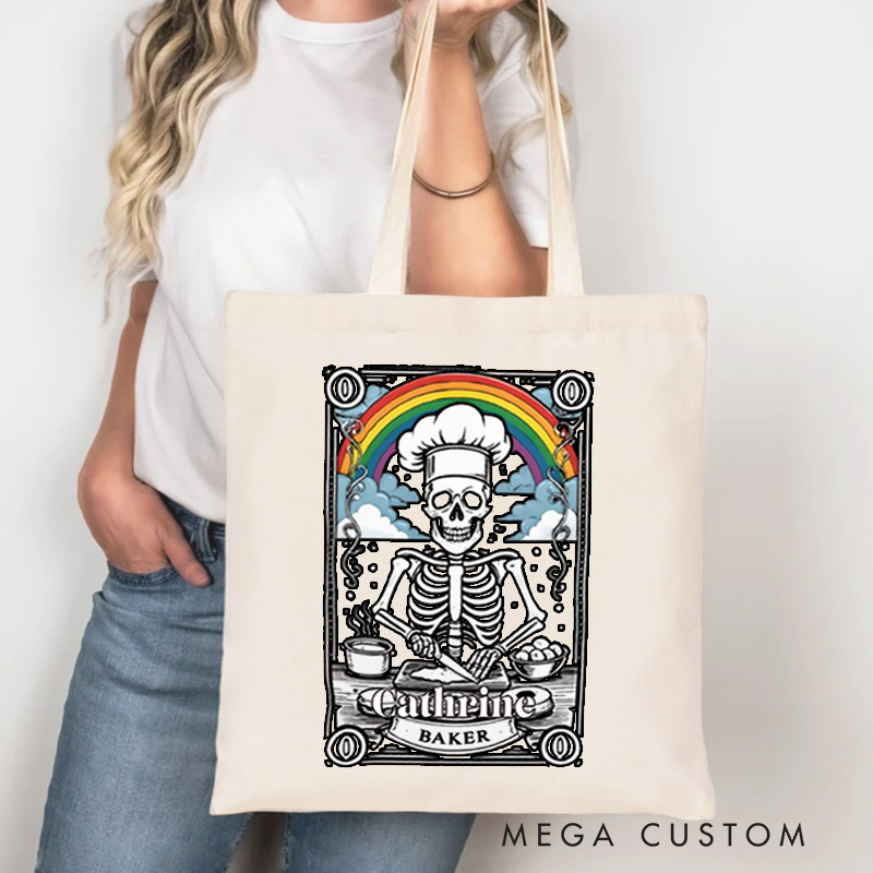 Personalized Baker Skeleton Gay Pride Tote Bag Custom LGBT Rainbow Baker Canvas Bag with Name Spooky Baker Tote for Baking Lover Gift