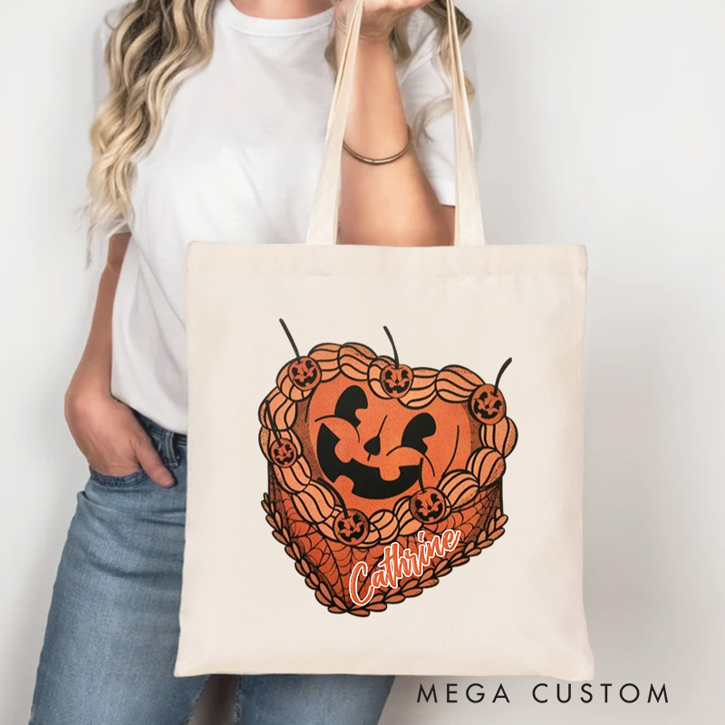 Personalized Girly Pumpkin Cake Tote Bag Custom Halloween Girly Baker Canvas Bag with Name Cake Baker Tote for Baking Lover Gift