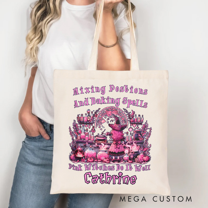 Personalized Mixing Postions and Baking Spell Tote Bag Custom Pink Witch Halloween Bag with Name Baking Tote for Baking Lover Gift