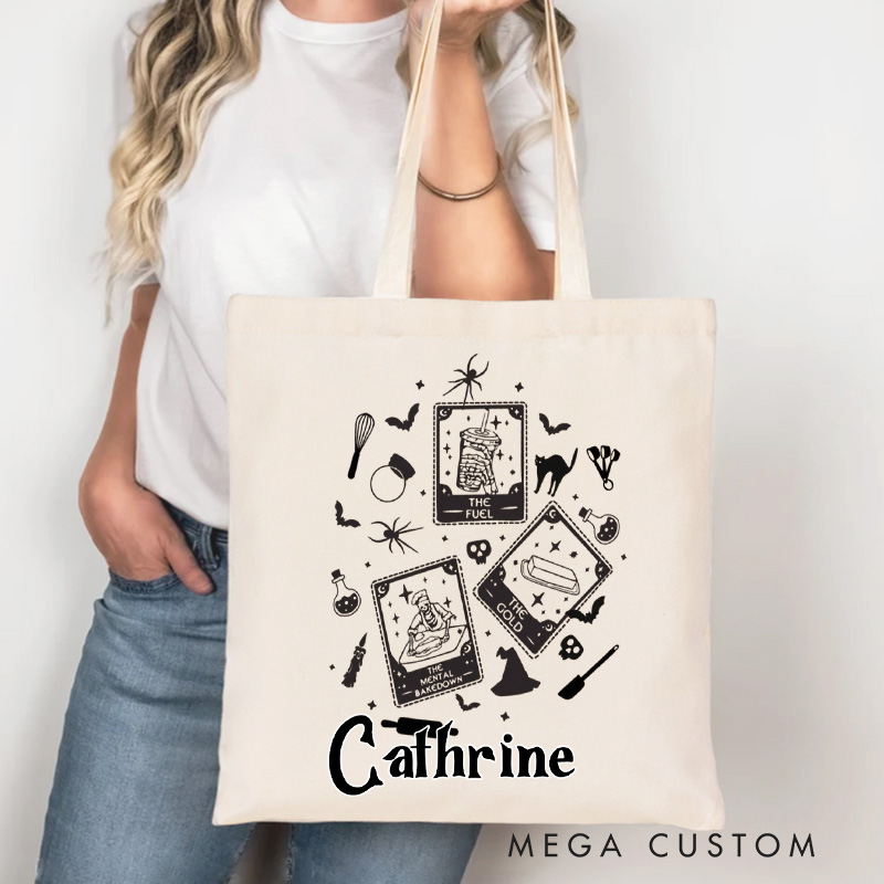 Personalized Halloween Baking Tote Bag Custom Bakery Canva Bag with Name Baker Tarot Card for Baking Lover Gift