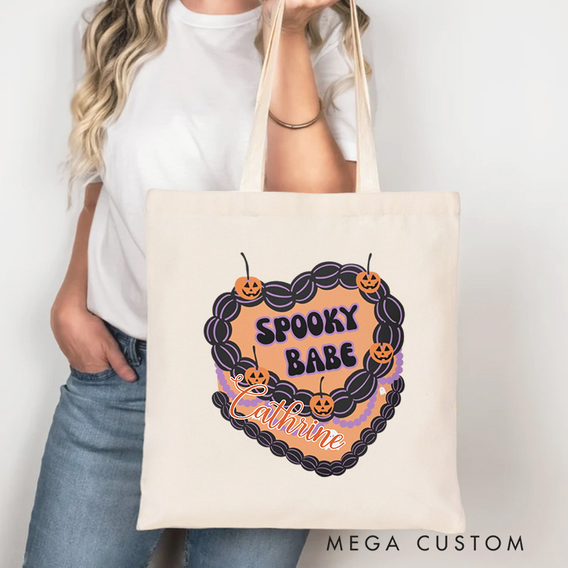 Personalized Spooky Babe Tote Bag Custom Halloween Spooky Cake Bag with Name Goth Pumpkin Cake Bag for Baking Lover Gift