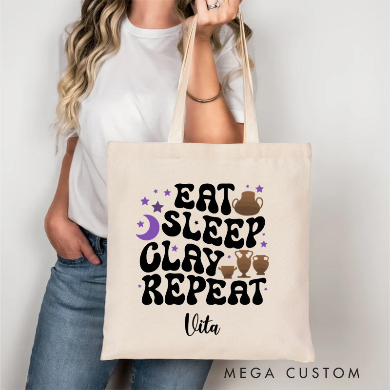 Personalized Eat Sleep Clay Repeat Tote Bag Funny Pottery Lover Gift Ceramics Art Bag Gift for Pottery Artist