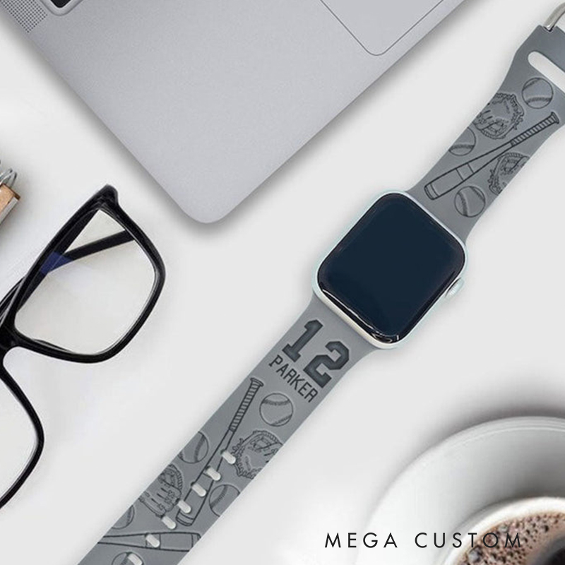 Personalized Baseball Watch Band with Engraved Name and Jersey Number  