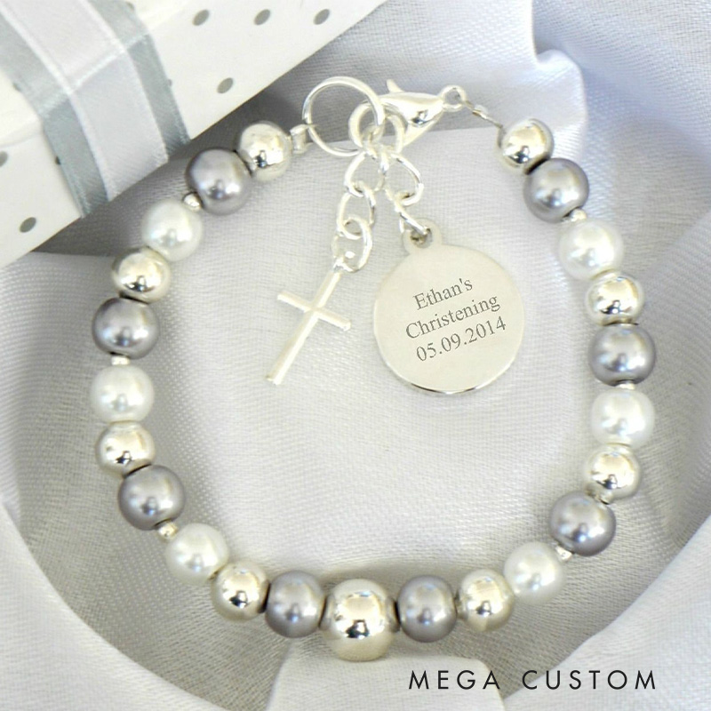 Personalized Cross Acrylic Pearl Elastic Cord Baptism Bracelet with Name and Date Religious Christmas Gift for Christian Christening Gift