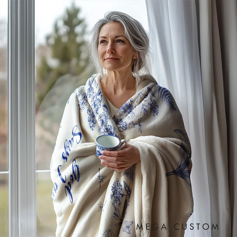 Personalized Toile De Jouy Birth Flower Bible Chapter Name Soft Throw Blanket Baptism Birthday Christmas Gift for Women Christians