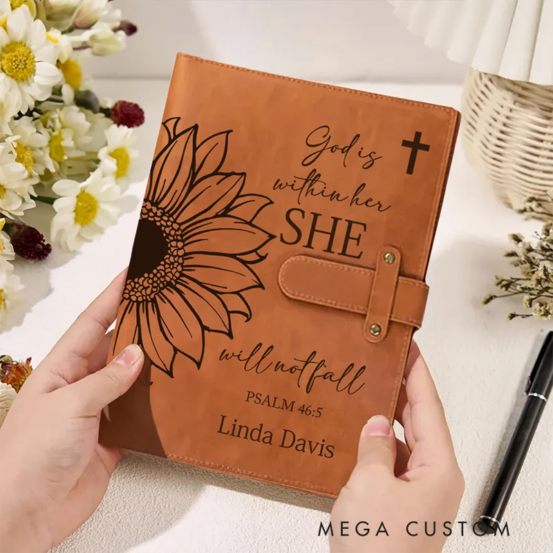 Personalized Bible Verse Sunflower Portable A5 PU Leather Notebook Cover with Text and Pocket Birthday Inspirational Gift for Women