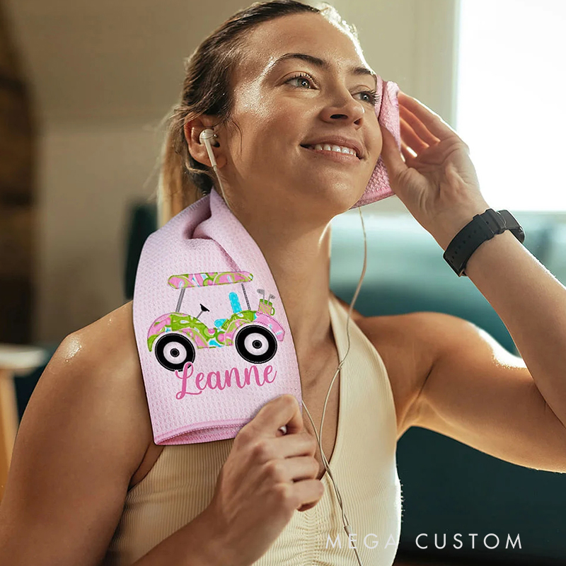 Personalized Golf Towel with Floral Golf Cart and Custom Name Design  