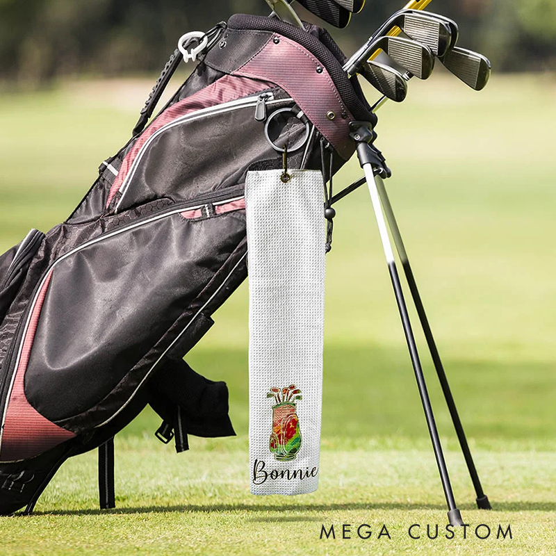 Personalized Golf Towel with Floral Golf Bag and Custom Name Design 