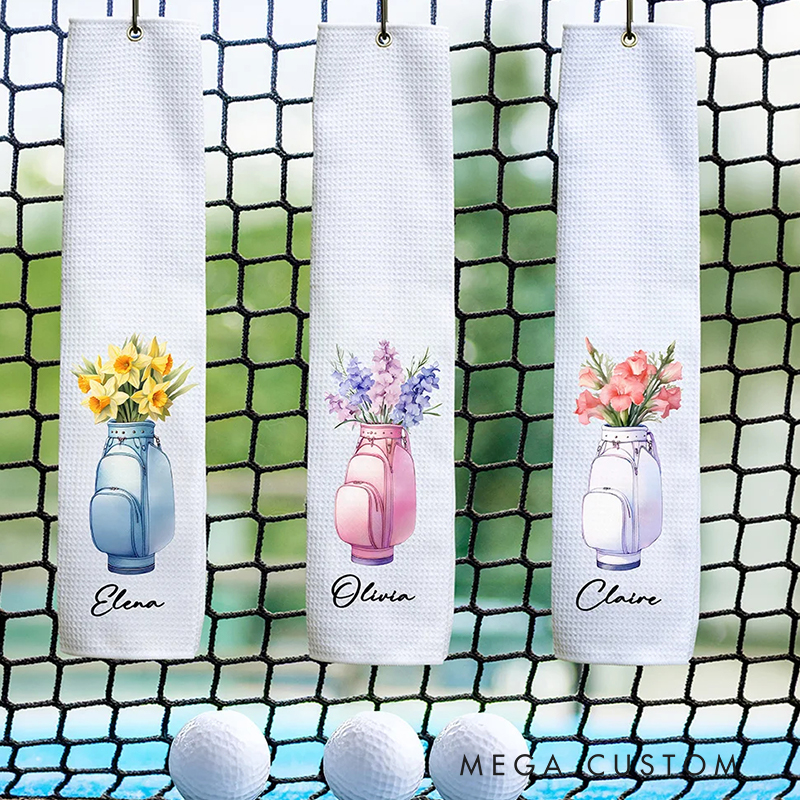 Personalized Golf Towel with Custom Birthday Flower and Name Design  