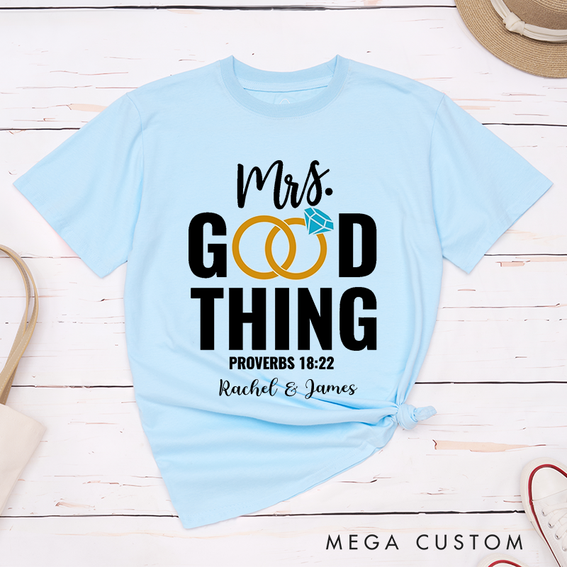 Personalized Proverbs 18:22 Bible Verse Classic T-Shirt with Name Crew Neck Shirt Christian Shirt Religious Gift Birthday Gift