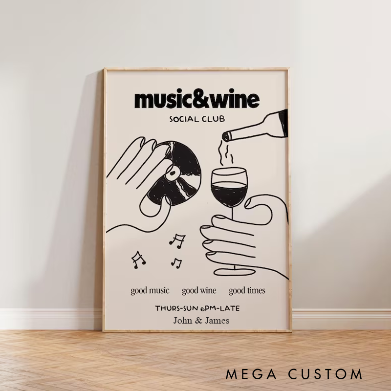 Personalized Music Poster Print Music & Wine Illustration Wall Art Wine Print Without Frame Wall Decor Retro Social Club Poster