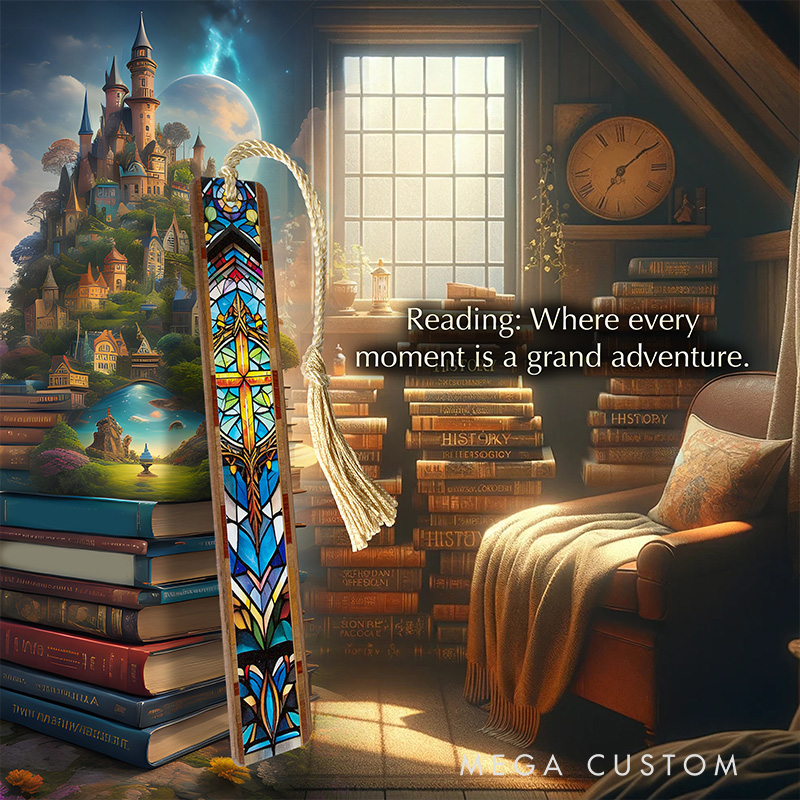 Personalized Gold Cross Stained Glass Design Handcrafted Wooden Bookmark with Tassel and Text Religious Gift for Christians Bookworms