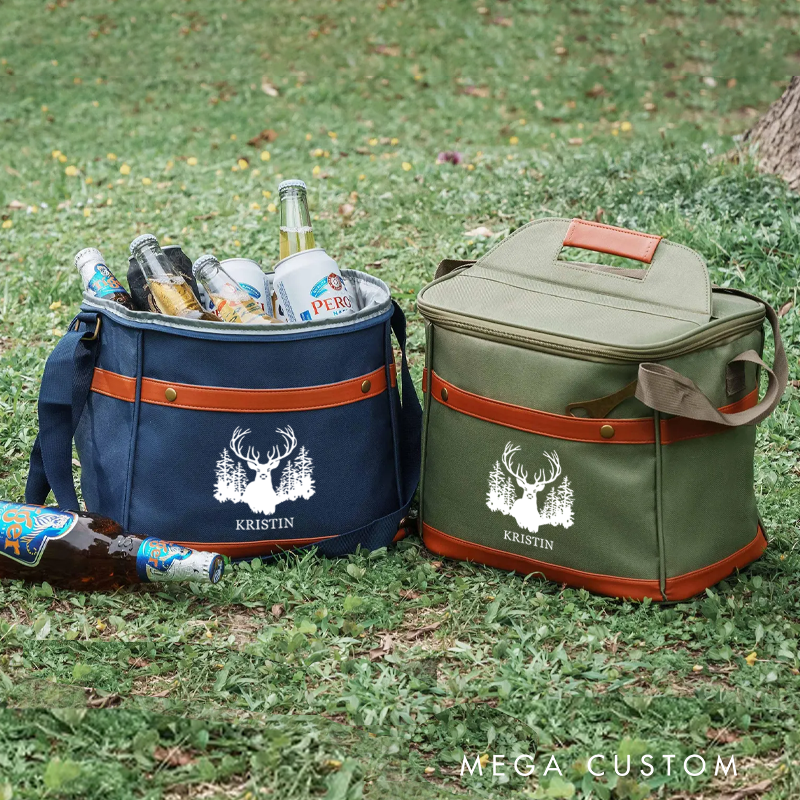 Personalized Deer and Forest Themed Cooler Bags Outdoor Camping Picnics Bag Drinks Beer Cooler Bag Gift for Hunters Outdoor Enthusiasts