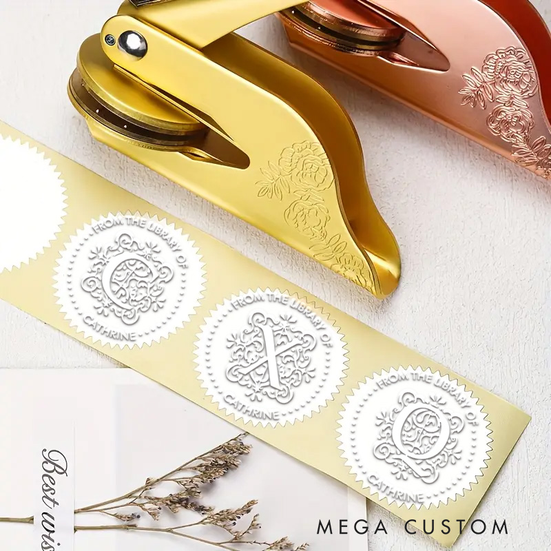 Personalized Gothic Monogram Hand Held Book Embosser Stamp Envelope Library Stamp with Initial and Text Birthday Gift for Book Lovers Reading Gift