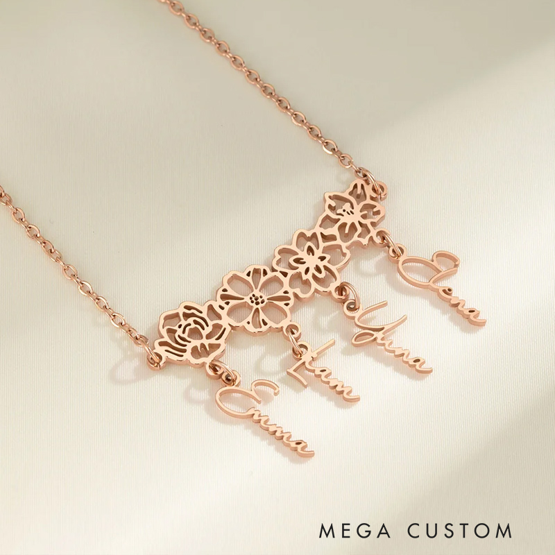 Personalized Birth Flower Necklace with 1-8 Names Woman Jewelry Gardening Loves Gift for Mom Grandmother