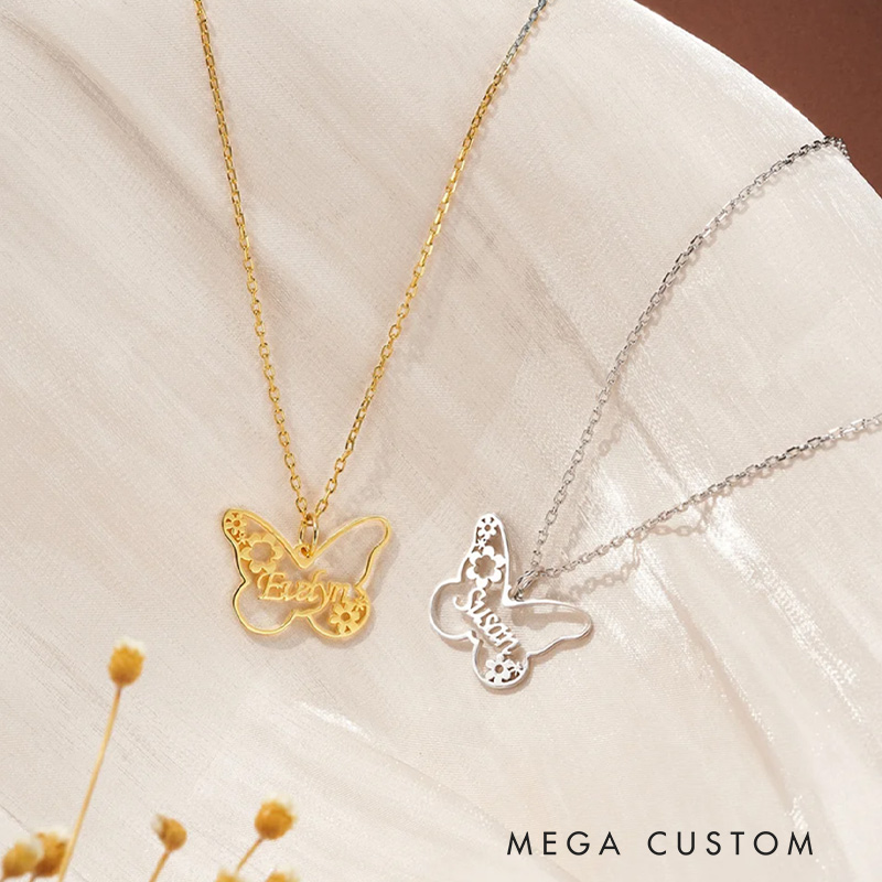 Personalized Butterfly Flower Necklace with Name Minimalist Jewelry Gardening Loves Gift for Mom Grandmother