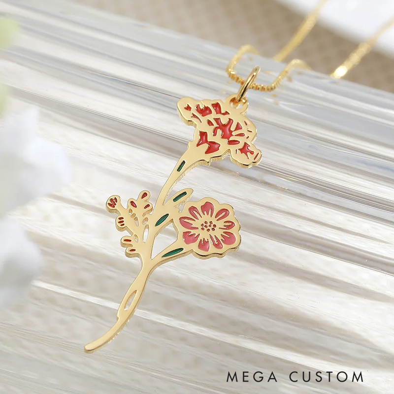Personalized 1-7 Enamel Birth Flower Family Bouquet Pendant Necklace Birthday Mother's Day Gardening Loves Gift for Mom Grandma