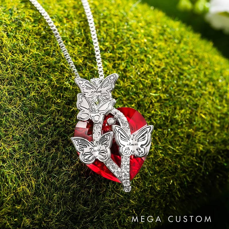 Personalized Birth Month Butterfly Zircon Crystal Heart Pendant Necklace with 1-6 Engraved Name Birthday Mother's Day Gardening Loves Gift for Women