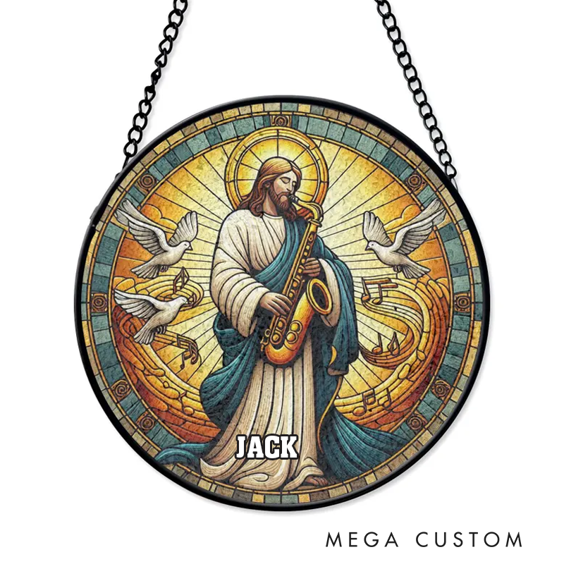 Personalized Name Jesus Playing Saxophone Stained Glass Suncatcher Funny Christian Decor Religious Music Art and Lover Gospel Jazz Gift