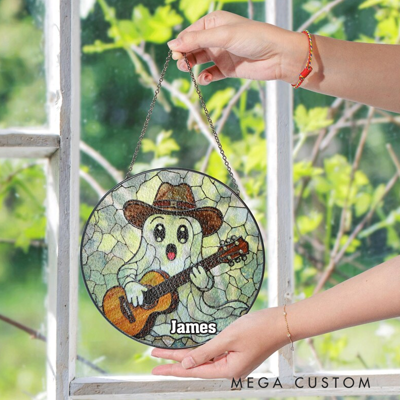 Personalized Name Cute Ghost Playing Guitar Stained Glass Suncatcher Funny Window Decor Gift for Music Lover