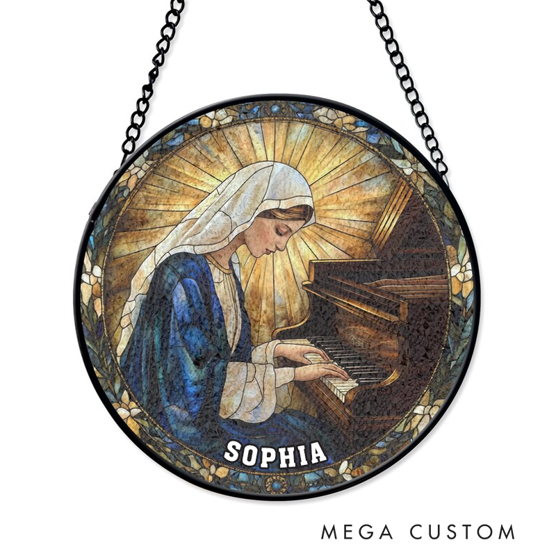 Personalized Name Virgin Mary Piano Stained Glass Suncatcher Catholic Music Lover Stained Glass Religious Pianist Gift Christian Window Hanging