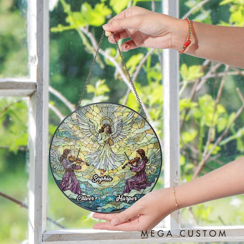 Personalized Name Suncatcher Stained Glass Angel with Two Violinists Christmas Gift for Mom Holiday Home Decor