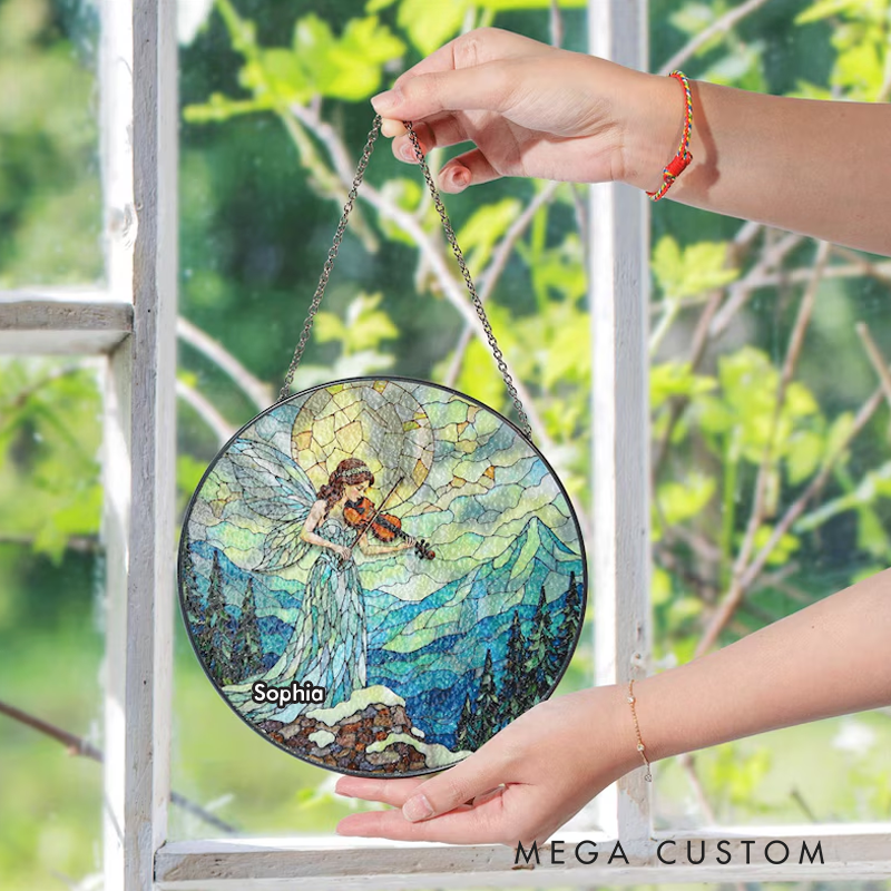 Personalized Name Suncatcher Stained Glass Fairy Playing Violin in Mountain Scene Gift Home Decor