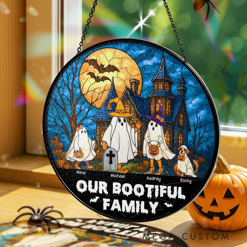 Personalized Name Our Bootiful Family Stained Glass Suncatcher Custom Halloween Window Hanging Fall Stained Glass Art Spooky Home Decor