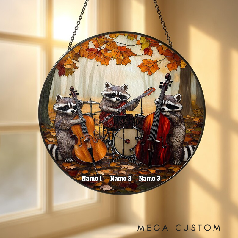 Personalized Name Raccoon Band Stained Glass Suncatcher Autumn Forest Animal with Music Instruments Window Hanging Unique Home Decor