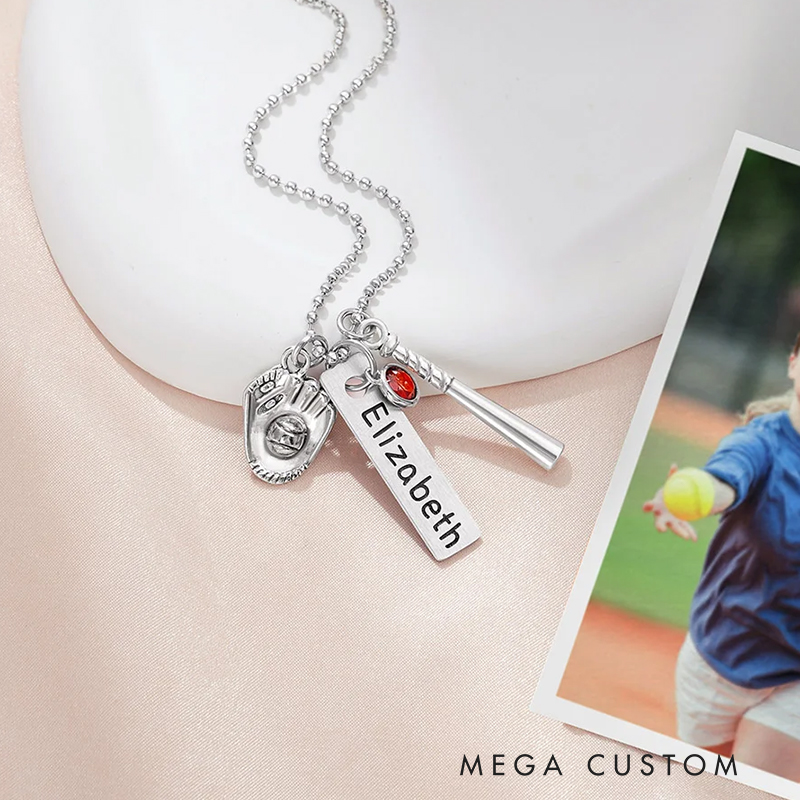 Personalized Birthstone Softball Baseball Bat Glove Necklace with Engraved Name Game Day Team Birthday Gift for Sports Lover