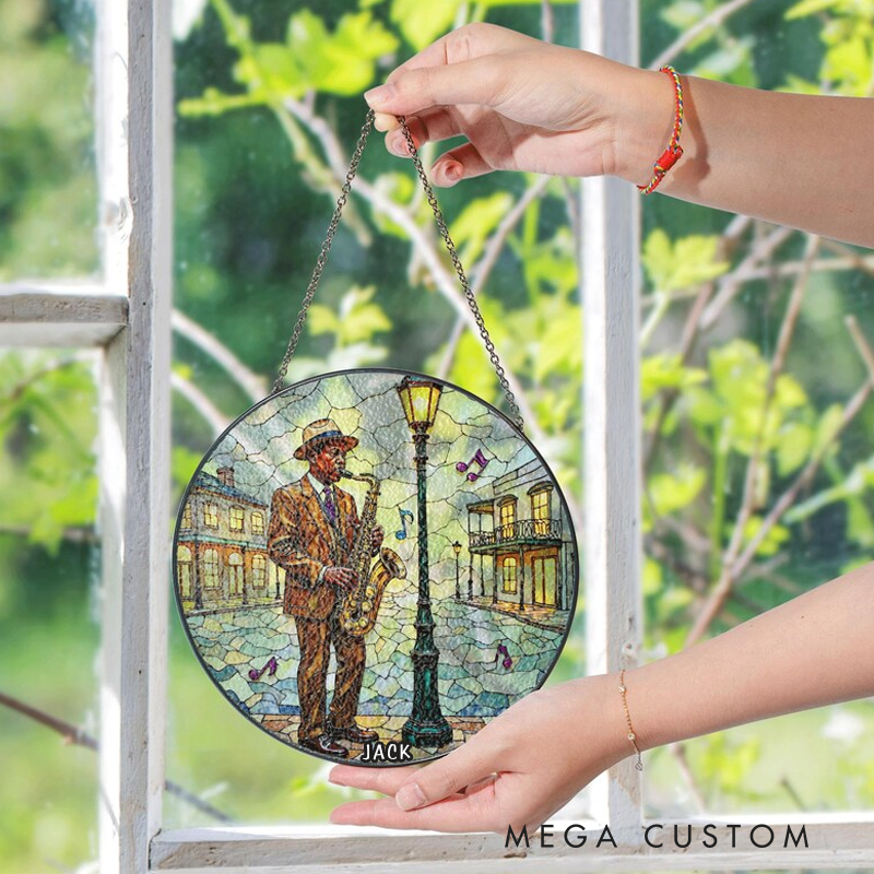 Personalized Name Jazz Saxophone Street Scene Suncatcher Stained Glass Window Decor Gift for Music Lover