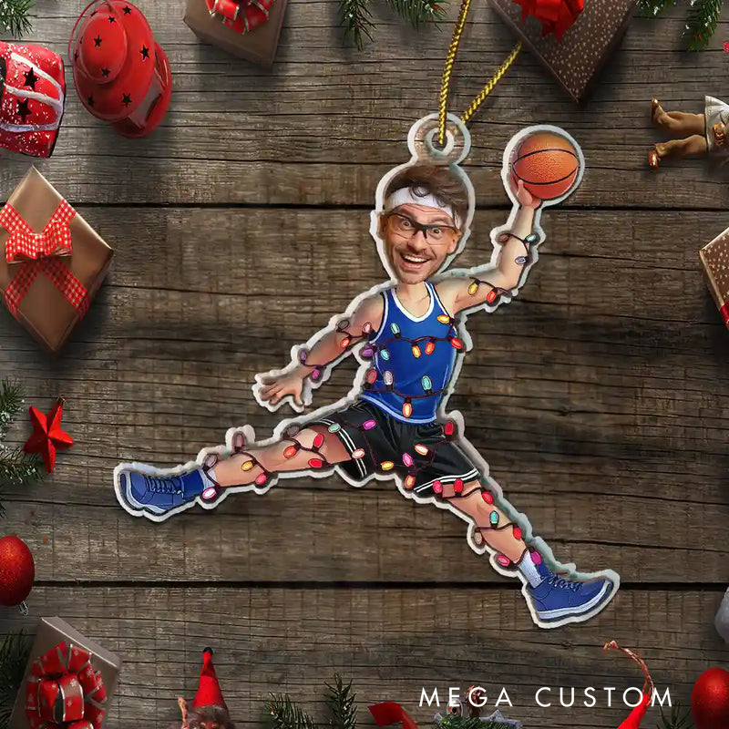 Personalized Basketball Player Christmas Ornament with Custom Face and Festive String Light Design