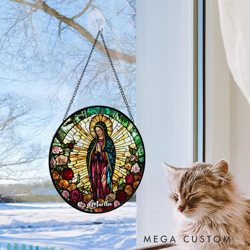 Personalized Lady of Guadalupe Stained Glass Suncatcher Ornament with Name Religious Virgin Mary Window Hanging Decor Mother of God Catholic Gift