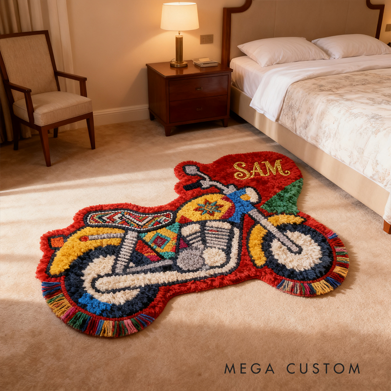 Personalized Motorcycle-Shaped Rug Custom Name Racer Speed Rugs Xmas Gift