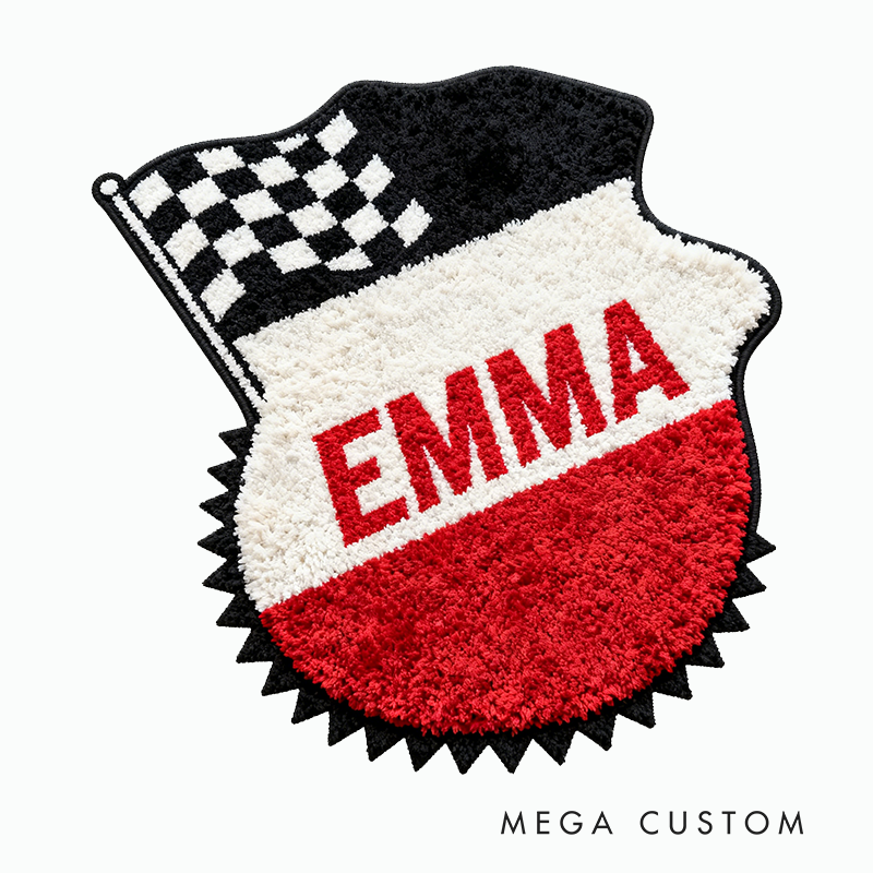 Personalized Racing Badge-Shaped Rug with Name Custom Name Racer Speed Rugs Xmas Gift