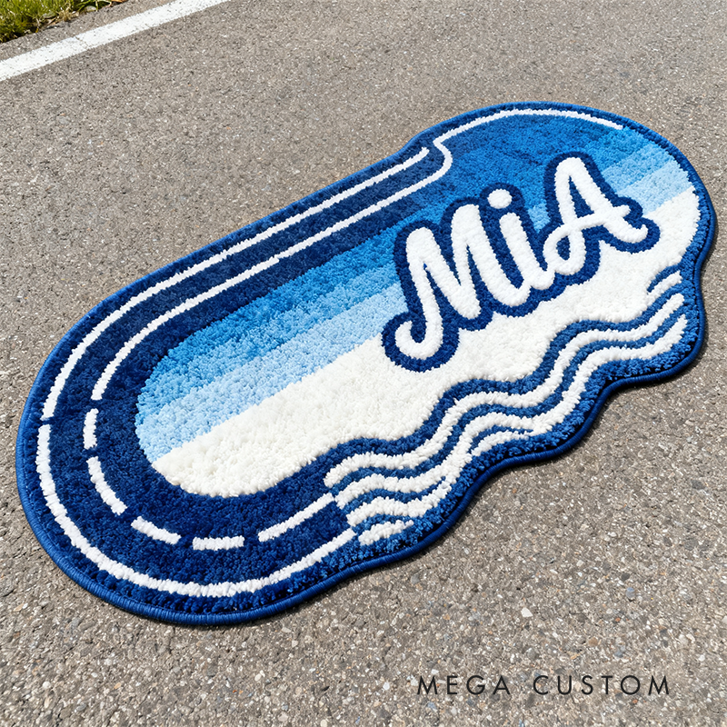 Personalized Blue Racetrack Rug with Name Custom Racer Speed Rugs Xmas Gift