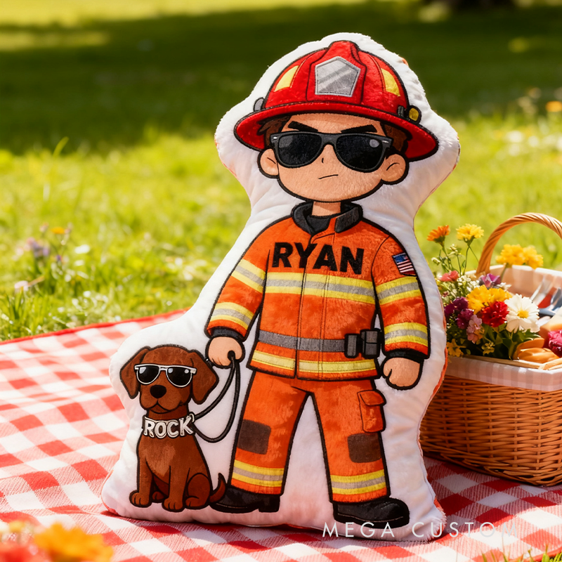 Personalized Firefighter and Dog Plush Pillow Custom Name Graphic 3D Print Pillow 