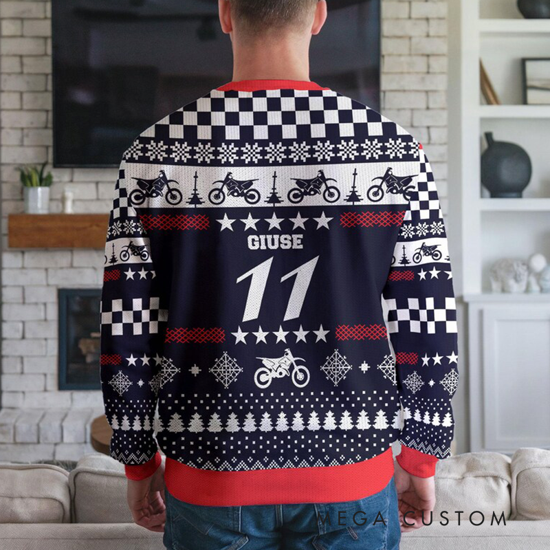 Personalized Motocross American Flag Christmas Ugly Sweatshirt Custom Name and Number Ugly Sweater Xmas Gift for  Motorcyclist