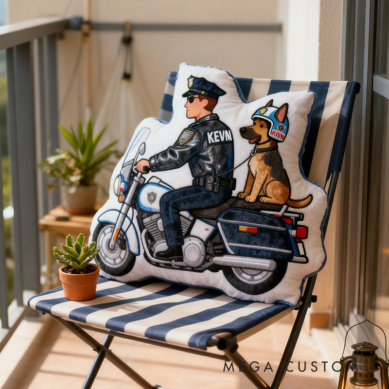 Personalized Police Motorcycle Officer and Dog Plush Pillow Custom Name Graphic 3D Print Pillow 