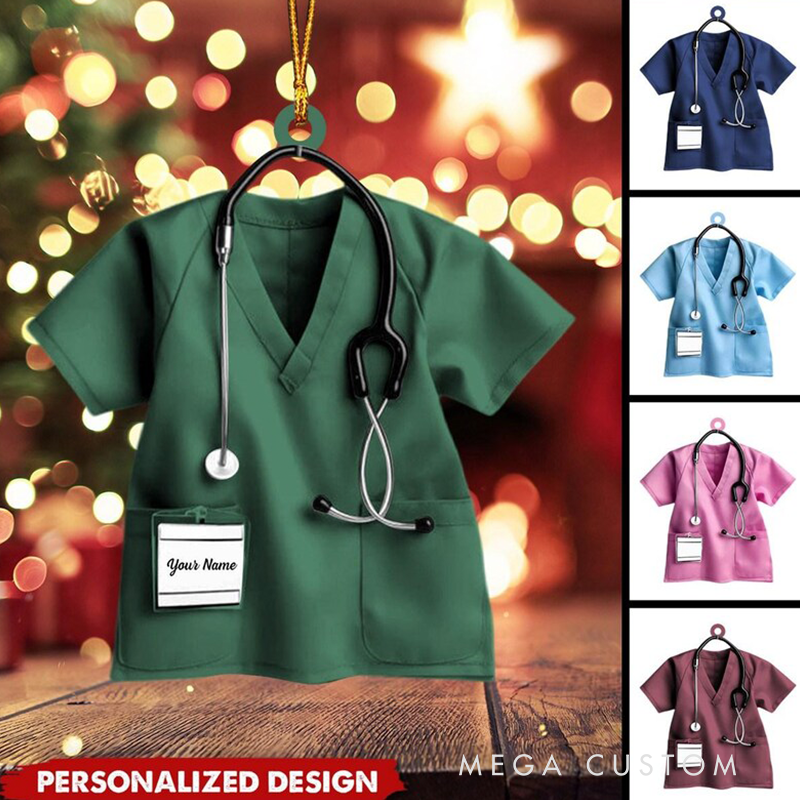 Personalized Scrubs Ornament with Stethoscope Custom Name Acrylic Ornament Christmas Gift for Nurse