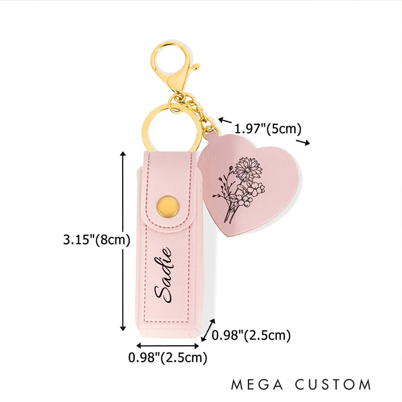 Personalized Line Flower Name Leather Lipstick Case Keychain with Heart-shaped Mirror Makeup Essentials Birthday Wedding Travel Gift for Women