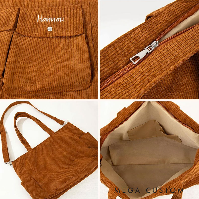 Personalized Leisure Corduroy Zipper Crossbody Tote Bag with Embroidered Name and Multiple Pockets Travel Accessories Birthday Gift for Family Friends