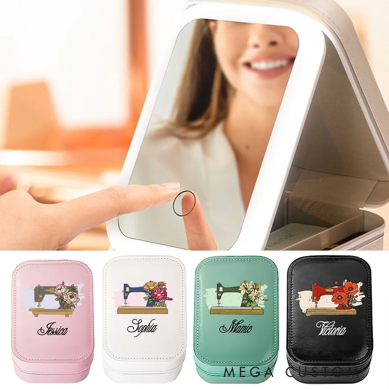 Personalized Watercolor Sewing Machine Birth Flower PU Leather Jewelry Box with LED Three-color Makeup Mirror Travel Essential Birthday Gift for Women
