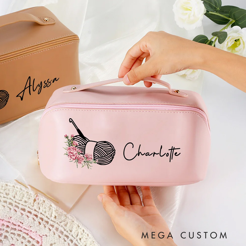 Personalized Birth Flower Crochet Wide Opening Leather Makeup Bag with Name Travel Accessories Birthday Wedding Gift for Bridesmaids Women