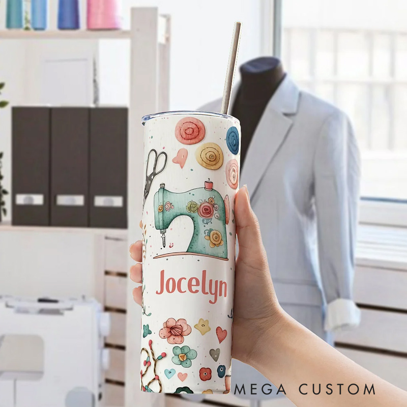 Personalized Sewing Theme Food Grade 20oz Skinny Tumbler with Lid and Straw Cleaning Brush Birthday Mother's Day Gift for Mother Sewing Lover