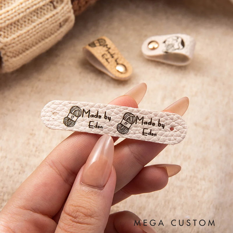 Personalized Set of 10 Made By Leather Crochet Knitted Tags Labels with Engraved Name Rivets Knitwear Accessories Gift for DIY Knitter Sewing Lovers