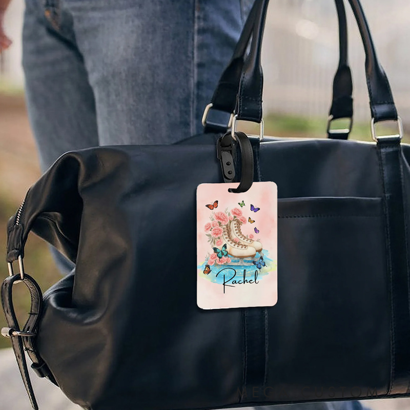 Personalized Birth Flower Ice Skating Luggage Tag with Name Travel Accessories Birthday Gift for Travel Lovers Skating Enthusiasts