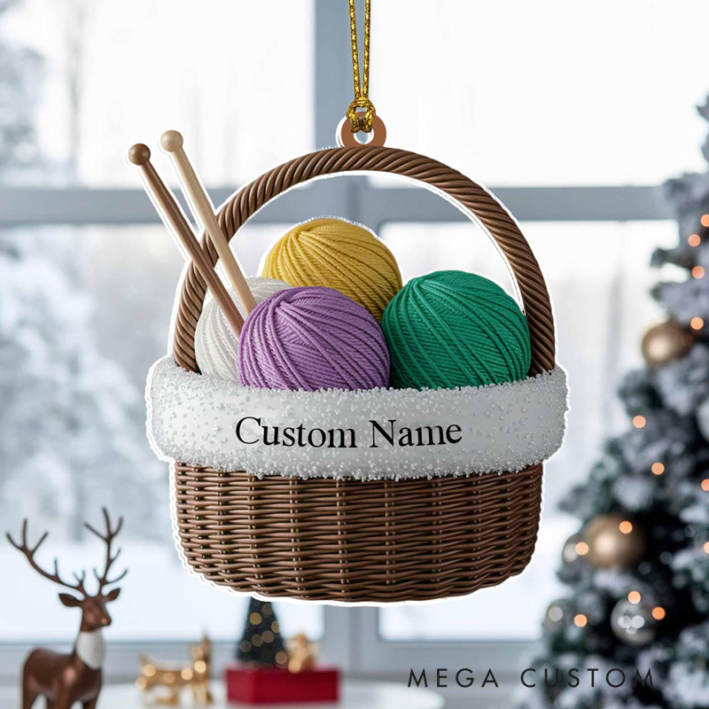 Personalized Knitting Basket Flat 2D Acrylic Christmas Ornament Tree Hanging Decor Personalized Yarn Ornament Gift for Knitters and Crochet Lovers