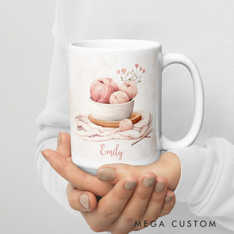 Personalized Knitting Coffee Mug Gifts for Knitting Lovers Floral Yarn and Custom Name