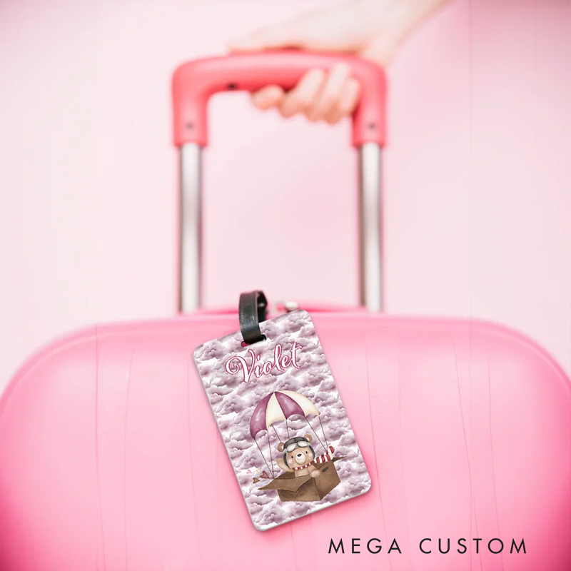 Personalized Cute Little Bear Pilot Watercolor Luggage Tag with Name Travel Accessories Birthday Holiday Gift for Boys Girls
